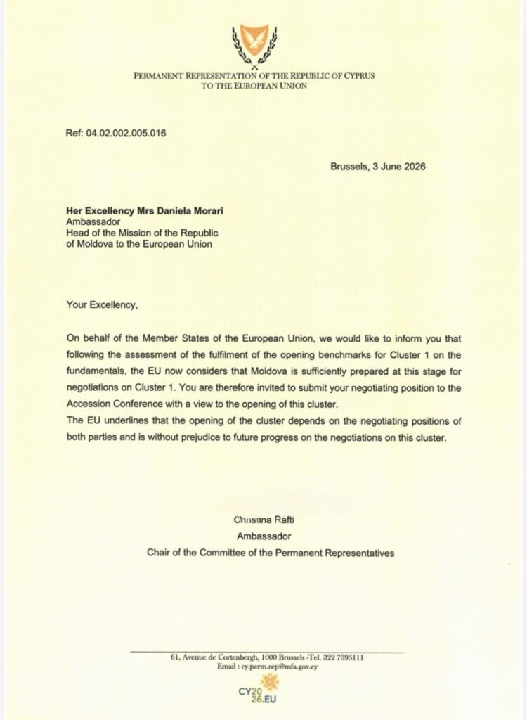 Letter from Cypriot EU Presidency Inviting Moldova to Start EU Negotiations.